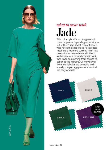 InStyle Color Crash Course-Jade green, navy blue, white, spruce green, eggplant purple Jade Green Outfit Color Combos, Jade Green Outfit, Instyle Color Crash Course, Jade Green Dress, Green Eggplant, Jade Green Color, White Spruce, Colour Combinations Fashion, Mode Tips