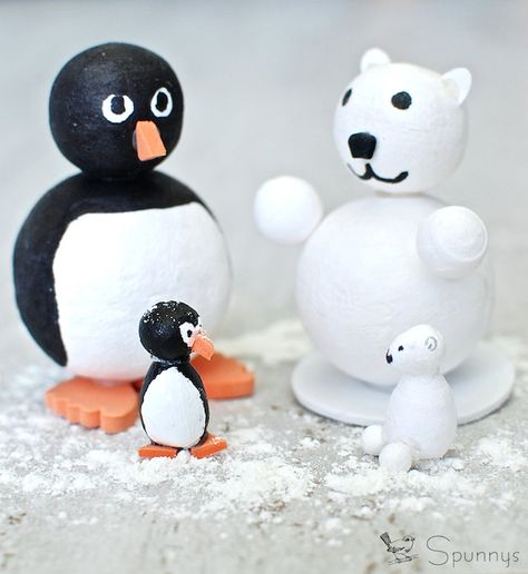 Penguins and polar bears. Easy DIY ornaments. Sculpture For Kids, Penguin Figurines, Easy Diy Ornaments, Penguin Sculpture, Farm Animals Decor, Cotton Ornaments, Penguin Craft, Penguins And Polar Bears, Penguin Ornaments