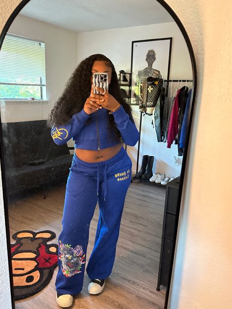 Sweatsuit Outfits Black Women, Blue Outfit Black Women, Baddie Budget, Blue And Gold Outfits, Trolls Oc, Aesthetic Attire, Ed Hardy Outfit, Freshman Outfits, Sweatsuit Outfits