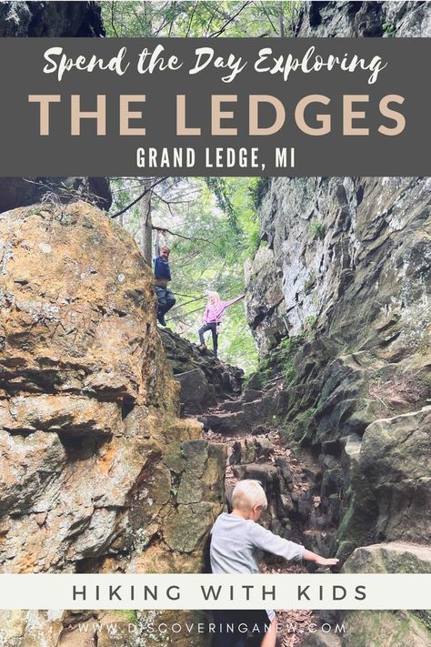 What a find! It’s hard to believe this hike exists in Lower Michigan with its sandstone cliffs and ledges. Fitzgerald Park is home to the famous Ledges of Grand Ledge, near Lansing. The 2.5 mile, out and back, trail is an ideal hike for children with its many reward spots. The park also has a large playground, restrooms, and ball fields and additional 5 miles of hiking trails. Grand Ledge Michigan, Hiking Michigan, Large Playground, Michigan Hiking, Travel Michigan, Travel Wishes, Day Hiking, Ohio Travel, The Ledge