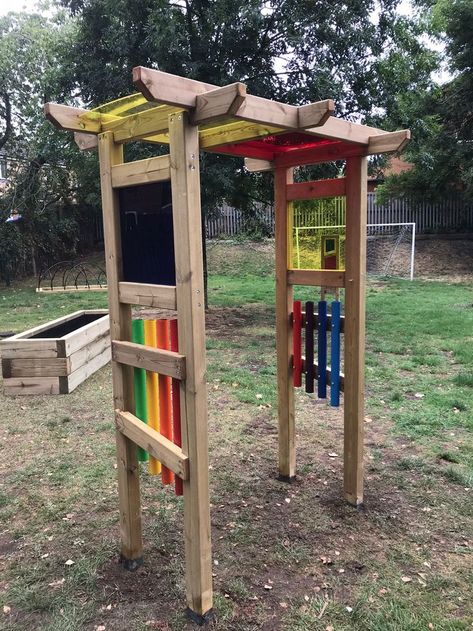 This timber arch includes multi-coloured Perspex panels and can be used by children or adults in wheelchairs. These panels shed different coloured lights for visual stimulation and are combined with a set of outdoor musical chimes for another sensory element of sound. The archway also includes two beaters. Light Pergola, Sensory Gardens, Outdoor Renovation, Sound Panel, Trellis Panels, Sensory Lights, Sensory Garden, Outdoor Learning, Living Wall