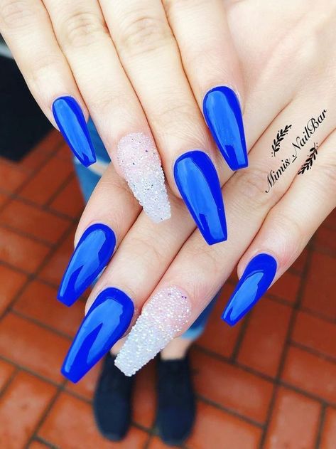 Royal Blue Acrylic Nails, Royal Blue Prom Nails, Dodger Nails, Royal Blue Nails Designs, Blue Prom Nails, Nail Armor, Sports Nails, Blue And Silver Nails, Blue Coffin Nails