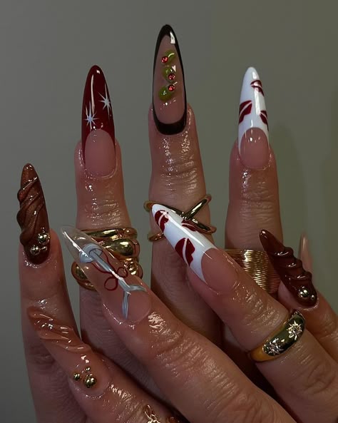 Nailporn | KISS ME WITH A MARTINI 🤍🍸🫒💋✨ . . . . . . . . . . . . . Posted by @nailporn follow us for color-coordinated nail posts 🍭 Nails... | Instagram Xxl Almond Acrylic Nails, Girly Holiday Nails, Maximalist Nails Valentines, Lace Up Nails, Martini Glass Nails, Martini Nails Designs, Silver And Red Nail Designs, Dirty Martini Nails, Espresso Martini Nails