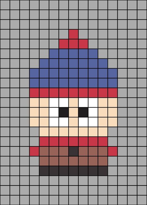 A small pixel art template of Stan Marsh from South Park the cartoon program (show for Americans). Pixel Drawing South Park, Southpark Pixel Art, South Park Perler Bead Patterns, South Park Perler, Cartoon Pixel Art, Pixel Drawing Ideas, Small Pixel Art, Easy Perler Beads Ideas, Graph Crochet