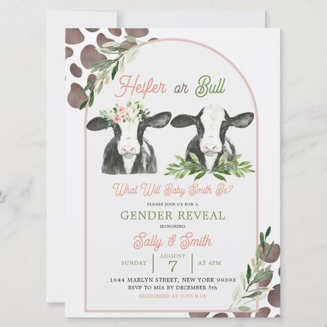 Cow Farm Gender Reveal Invitation  Zazzle Cow Gender Reveal Invitations, Gender Reveal Farm Ideas, Gender Reveal Ideas Farm Theme, Gender Reveal Ideas For Party Western, Gender Reveal Farm Theme, Farm Themed Gender Reveal Ideas, Cow Theme Gender Reveal Ideas, Western Themed Gender Reveal, Gender Reveal Ideas Cow Theme