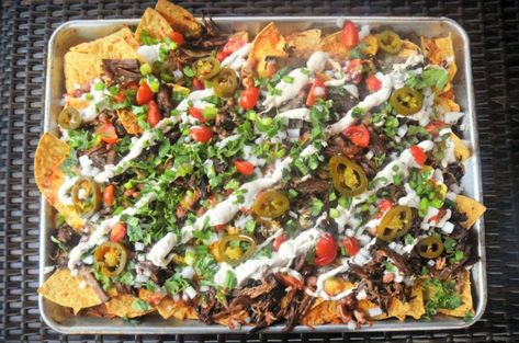 Barbacoa Nachos, Ultimate Nachos, Beef Nachos, Slow Cooker Barbacoa, Barbacoa Beef, Lime Cream, Loaded Fries, Nachos Beef, Tailgating Recipes