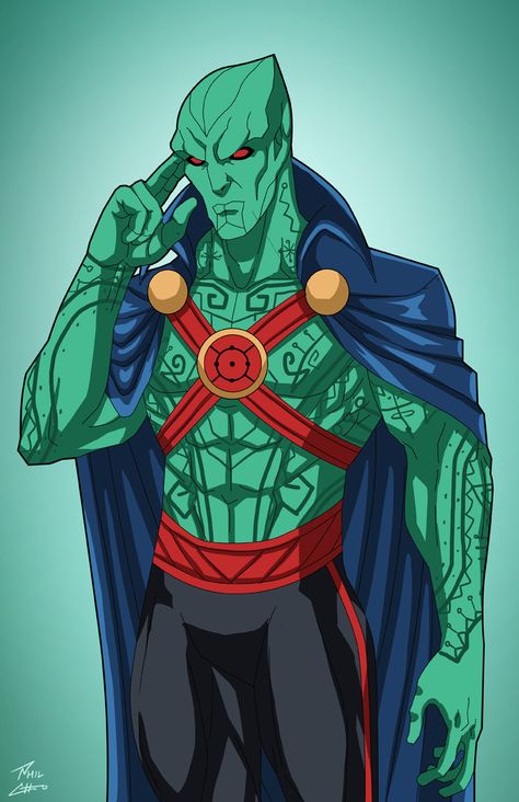 J'onn J'onzz (Earth-27) commission by phil-cho Earth 27, Phil Cho, Martian Manhunter, Concept Design, Cape, Deviantart, Green, Design