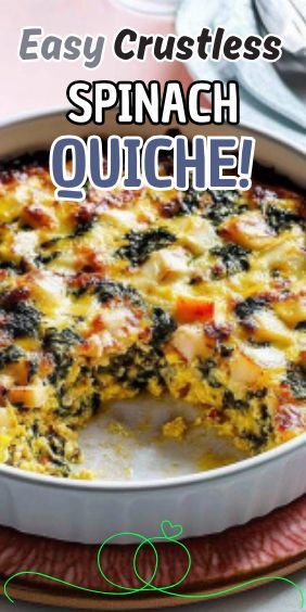 Easy Crustless Spinach Quiche Crustless Quiche Recipes, Crustless Spinach Quiche, Quiche Recipes Crustless, Classic Quiche, Herb Roasted Potatoes, Spinach Quiche, Fluffy Eggs, Crustless Quiche, Sauteed Spinach