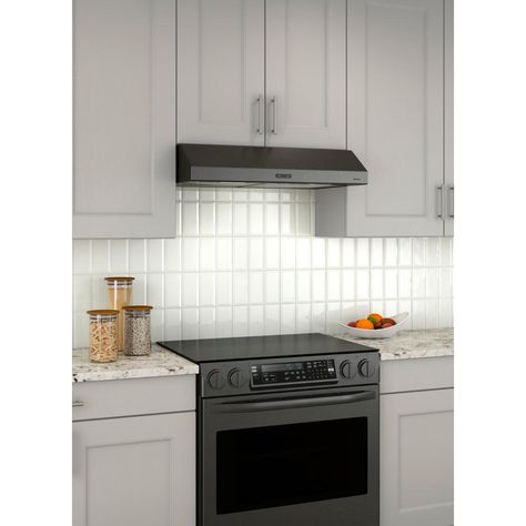 Broan Glacier Deluxe 30 in. Convertible Under Cabinet Range Hood with Light in Black Stainless-BCDF130BLS - The Home Depot Hood Vent Ideas, Under Cabinet Range Hoods, Black Stainless Steel Kitchen, Cabinet Design Ideas, Stove Backsplash, Hood Ideas, Cabinet Range Hood, Kitchen Exhaust, Exhaust Hood