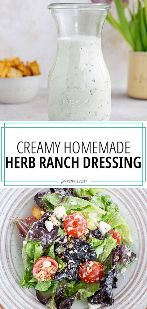 herb ranch dressing in a glass jar and on a salad Easy Ranch Dressing Recipe, Homemade Ranch Salad Dressing, Easy Ranch Dressing, Herb Ranch Dressing, Ranch Salad Dressing Recipes, Buttermilk Ranch Dressing Recipe, Salad Dip, Ranch Dressing Recipe Homemade, Buttermilk Ranch Dressing