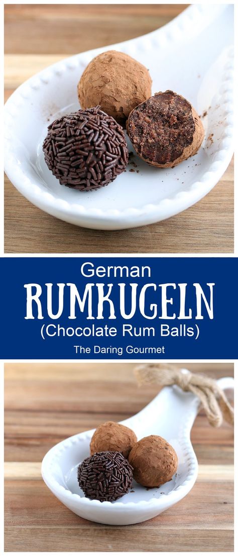 A favorite treat in Germany during the holiday season, this Rumkugeln recipe (German rum balls) will show you how to make them from scratch!  Super easy and so much better than store-bought, they come together in a jiffy and make terrific gifts to hand out to your friends and family! Rum Desserts, Rum Balls Recipe, Holiday Bakes, Daring Gourmet, Sweet Balls, Scandinavian Recipes, Food Authentic, German Dishes, German Food Authentic