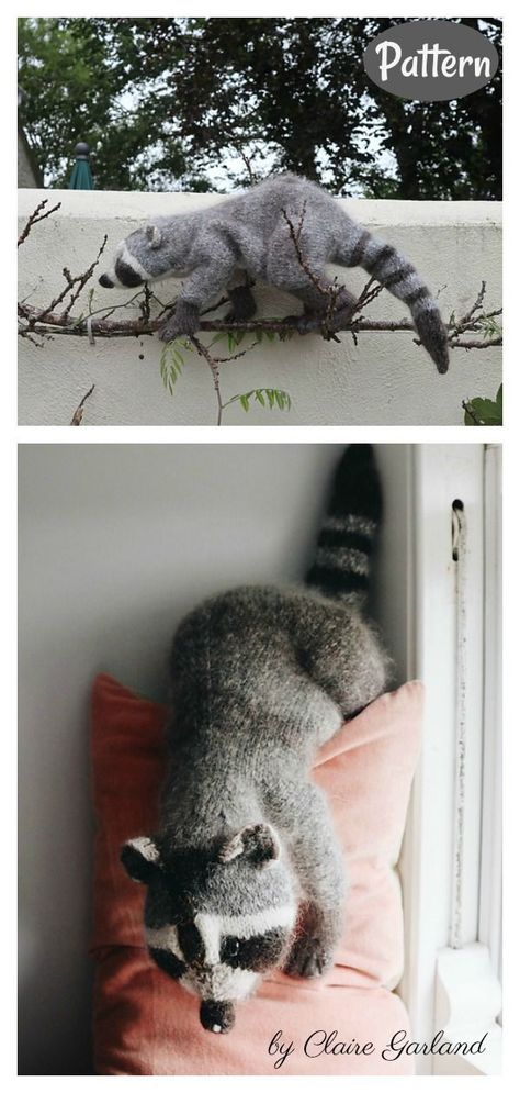 Racoon Knitting Pattern Racoon Crochet, Knitted Stuffed Animals, Crocheted Stuff, Knitted Toys Free Patterns, Animal Ornaments, Knitted Teddy Bear, Animal Knitting Patterns, Knitting Patterns Toys, Knitted Animals