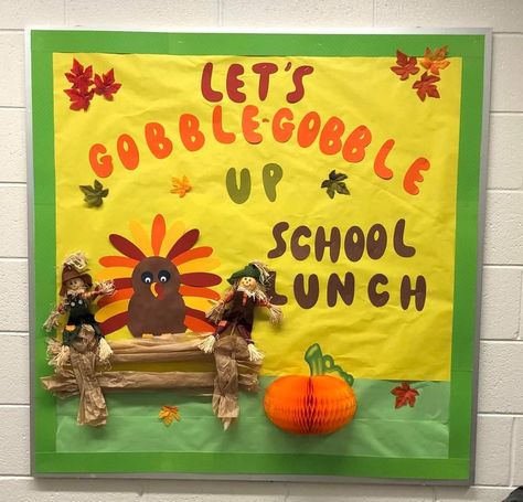 Thanksgiving School Cafeteria Decorations, Fall Decor Ideas For School Cafeteria, Fall Bulletin Boards For Cafeteria, Thanksgiving Cafeteria Bulletin Boards, Lunchroom Decorations Ideas, Fall Cafeteria Bulletin Board Ideas, Elementary School Cafeteria Decorations, Cafeteria Decorations Ideas School, Food Bulletin Board Ideas