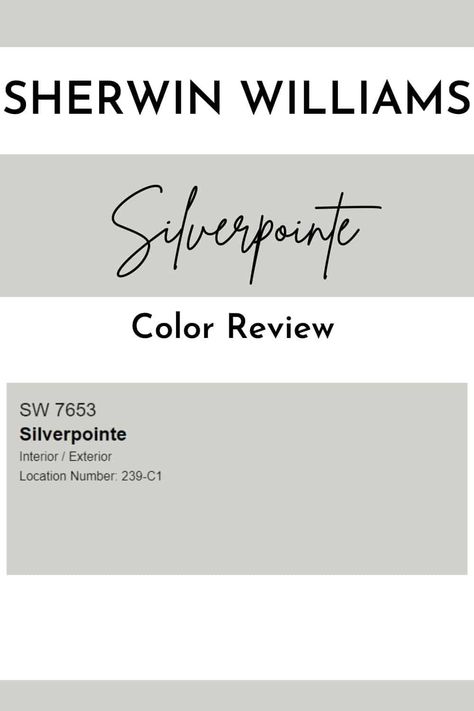 Silverpointe SW 7653 by Sherwin Williams is a magnificently elegant gray paint color that works well within all decor styles. This cool gray will add a calming presence to anywhere it’s used. #paintcolors #gray #wallpaint #graypaint #interiordesign Silverpointe Sherwin Williams Bathroom, Sw Silverpointe Color Palettes, Silverpointe Sherwin Williams Bedrooms, Silver Grey Paint Color Sherwin Williams, Silverpointe Sherwin Williams Kitchen, Silverpointe Sherwin Williams Exterior, Silver Grey Paint Color, Silverplate Sherwin Williams, Useful Gray Sherwin Williams