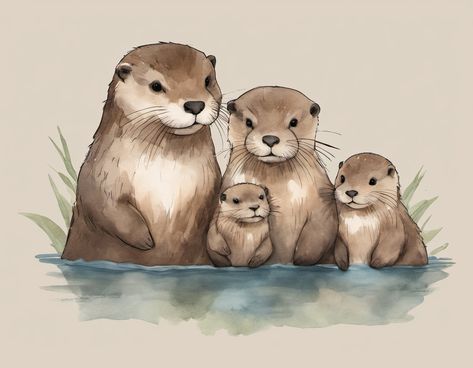 Immerse your home in the playful spirit of the riverside with this watercolor otter family print. Featuring affectionately illustrated otter parents and their pups, this artwork captures the joyful bond of an otter family along the stream in a whimsical, watercolor style. The serene riverside theme is perfect for creating a lively atmosphere in a nursery, making it a delightful gift for baby showers or decorating your own child's room. Each print embodies the natural charm of the waterside world with a touch of imagination, offering a cheerful and heartwarming addition to any family space. This is a digital download of an illustration of an otter family. Download, print, and frame your new artwork to brighten up your living space, office, kitchen, or even your shelf or bookcase! This is or Baby Shower Illustration, Otter Family, Otter Tattoo, Otter Illustration, Otter Art, Babies Nursery, Animal Babies, Nursery Decor Wall, Baby Otters