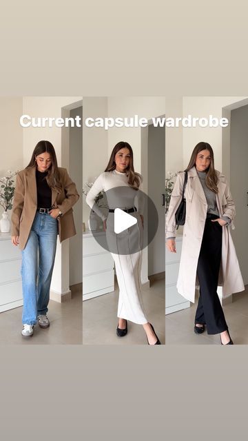 Jessie Willis on Instagram: "All pieces will be linked in @shop.ltk in my bio | My current capsule wardrobe: - Blue straight leg jeans - Black long sleeve top - Camel blazer  - Adidas sambas - Black wide leg trousers - Striped knit cardigan - Ballet flats - Cream tweed jacket - Grey knit jumper - Trench coat - Black tote bag - White long sleeve top - Beige maxi skirt - Long knit dress   -  #capsulewardrobe #januarystyle #outfitideas #nospendmonth #nothingtowear #neutralstyle #outfitideas #fashionblogger #wardrobestaples #wardrobebasics" Cream Long Sleeve Top Outfit, Stripe Cardigan Outfit, Cream Blazer Outfit, Sambas Black, Beige Maxi Skirt, Long Sleeve Top Outfit, Long Knit Dress, White Wide Leg Trousers, Camel Blazer