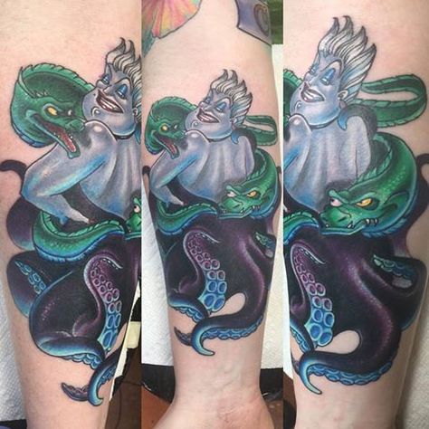 Ursula Tattoo Ideas, Formula Tattoo, Ursula Tattoo, Vanessa Nails, Watercolor Tattoos, Disney Tattoo, Mermaid Tattoos, Prince Eric, Leg Tattoo