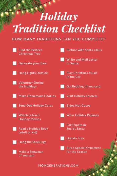 Holiday Tradition Checklist - If you're looking for some traditions, here are holiday tradition checklist. Checklist For Christmas, Christmas Present Traditions, New Years Checklist, Christmas Decor Checklist, Christmas Checklist Things To Do, Christmas Dinner List, Christmas Day Traditions, Christmas Traditions Kids, Christmas Checklist