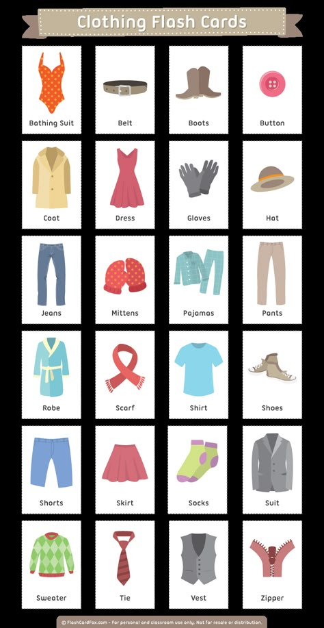 Free printable clothing flash cards. Download them in PDF format at http://flashcardfox.com/download/clothing-flash-cards/ Clothes Flashcards, English Activities For Kids, Learning English For Kids, Flashcards For Kids, English Vocab, Kids English, Printable Flash Cards, English Classroom, English Language Teaching