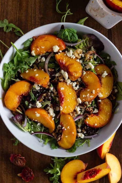 Balsamic Roasted Peach Salad Peaches Salad, Roasted Peaches, Balsamic Salad, Peach Salad, Baby Arugula, Balsamic Dressing, Peach Slices, Summer Dishes, Large Salad Bowl