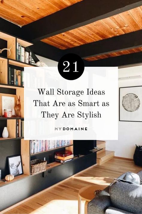 Square footage is a premium when it comes to storage. One way to organize your goods is with wall storage. If you're up for a good DIY or want a few simple product ideas, check out these spaces. Large Wall Storage Living Room, Wall Mounted Storage Ideas, Interior Design Storage Ideas, Whole Shelf Wall, Hallway Wall Storage Ideas, Large Wall Storage Ideas, Office Wall Shelving Ideas, Office Wall Storage Ideas, Bedroom Shelving Ideas Wall Shelves