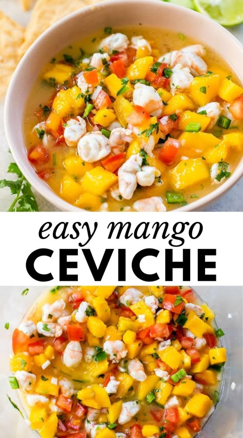 Ceviche Recipe With Mango, Ceviche Recipe Mango, Shrimp Ceviche With Mango, Mango Habanero Ceviche, Seabass Ceviche Recipe, Mango Shrimp Ceviche, Shrimp And Mango Recipes, Mango Dinner, Mango Ceviche Recipe