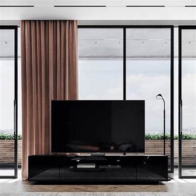 Tv Infront Of Windows, Modern Media Unit, Black Tv Cabinet, Corner Tv Stands, Tv Unit Design Modern, Modern Tv Cabinet, Fireplace Entertainment, Black Tv, Media Unit