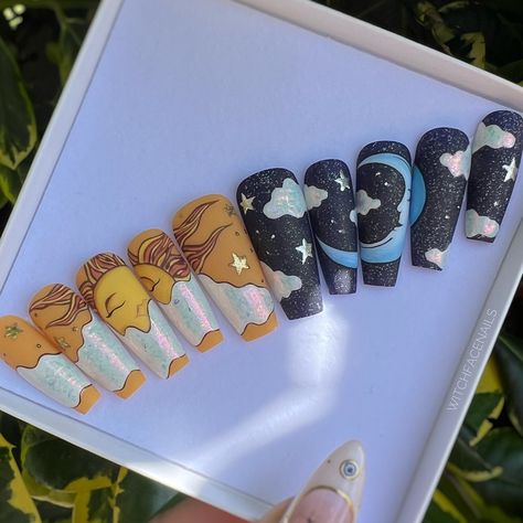 🌞🌒 One of my favourite sets to do, hopefully it brings back the sunshine this weekend 🌘🌞 🌒 Get the perfect fit and order a sizing kit • Link in Bio 🌓 All shapes and lengths may fit differently, especially the X-Short as they’re not suitable for long nail beds. 🌔 Order the shapes/lengths you’re interested in as some shapes/lengths you may have to size up or down even if the ‘mm’ is the same. 🌕 100’s of customers have used the measuring method with no issues but sizing kits are the only guar... Nails Sun, Iridescent Clouds, Celestial Nails, Long Nail Beds, Nail Beds, Witchy Nails, W.i.t.c.h Aesthetic, Orange Stick, Vintage Nails