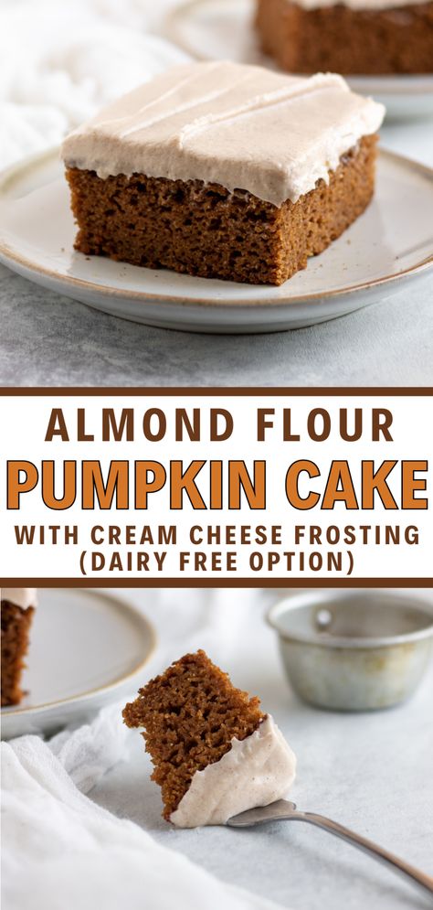 This almond flour pumpkin cake is the best pumpkin cake recipe! It's made with a classic cream cheese frosting, but there's an option for a dairy free and paleo frosting as well. Pumpkin recipes are perfect for the holidays. Pumpkin treats are fun to bring to parties and everyone will love this soft pumpkin spice cake recipe. Best Pumpkin Cake, Paleo Frosting, Almond Flour Pumpkin, Paleo Baking Recipes, Pumpkin Spice Cake Recipe, Gluten Free Christmas Desserts, Paleo Pumpkin Spice, Pumpkin Cake Recipe, Spice Cake Recipe