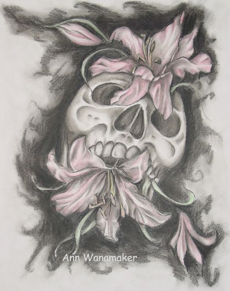 Skull With Lilies, Skull And Lilies Tattoo, Skull Lily Tattoo, Skull And Lily Tattoo, Skull Lotus Tattoo, Lily Skull Tattoo, Unique Flower Drawing, Lily Drawings, Lily Drawing