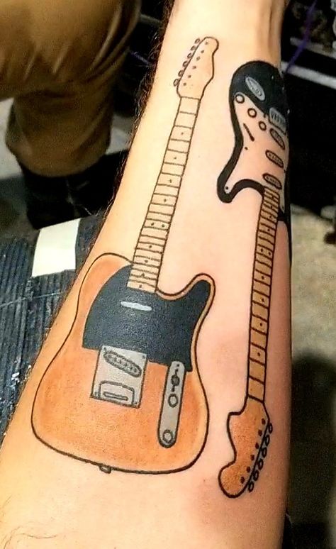 Guitar tattoo telecaster stratocaster color Telecaster Tattoo, Guitar Doodle, Guitar Tattoo Ideas, Guitar Tattoos, Guitar Tattoo Design, Music Notes Tattoo, Awesome Tattoo Ideas, Tattoo Music, Guitar Tattoo