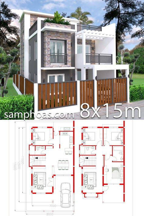 Home Design Plan 7x15m With 4 Bedrooms - Samphoas Plansearch D9F House Design Plans, Two Story House Design, House Concept, 2 Storey House Design, Modern Small House Design, Duplex House Plans, Simple House Design, Casas The Sims 4, Home Design Floor Plans