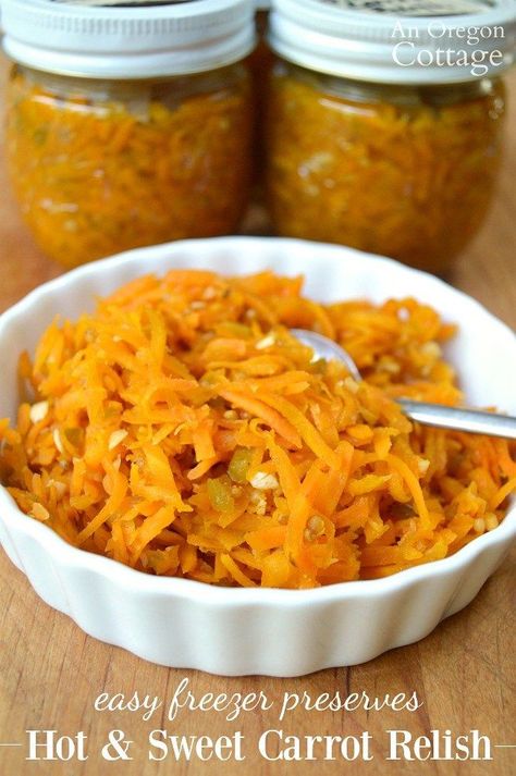 Make delicious hot and sweet carrot relish and keep in your freezer to bring a burst of flavor to so many dishes- roast meats, salads, or topping crackers. Carrot Relish, Cabbage Wedges, Relish Recipe, Preserving Recipes, Carrots Potatoes, Sauces Recipes, Carrots Recipe, Sweet Carrot, Meat Salad