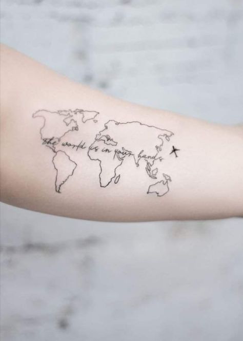 World Map Tattoo, World Map Tattoos, Globe Tattoos, Map Tattoo, Tato Minimal, Airplane Tattoos, Planet Tattoos, Map Tattoos, Sharpie Tattoos