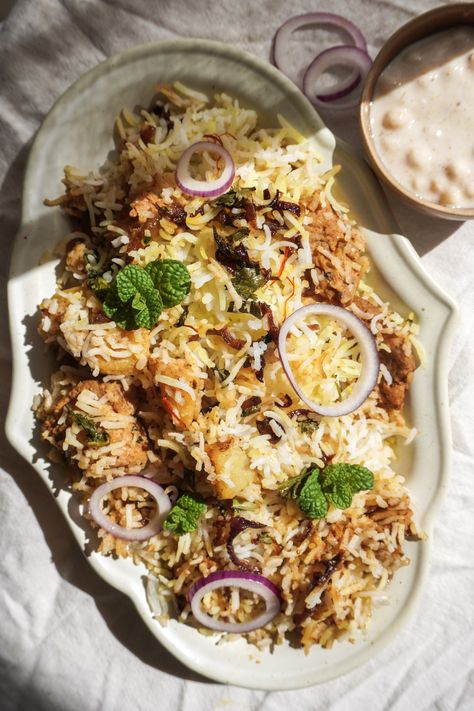 Vegan Biryani Mughlai Style Rice Mixed Vegetables, Vegan Biryani, Veg Biryani, Plant Based Yogurt, Biryani Recipe, Cooked Veggies, Aromatic Herbs, Spices And Herbs, Mixed Vegetables