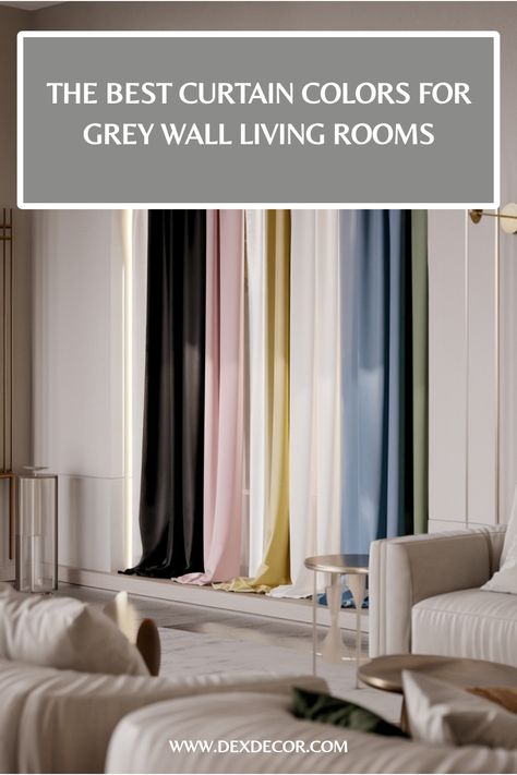 Various colored curtains hanging in a stylish living room with grey walls. Dark Grey Walls Living Room, Grey Living Room Walls, Curtains For Grey Walls, Curtain Colors, Ensuite Bathroom Designs, Modern Bedroom Colors, Grey Walls Living Room, Grey Living Room, Dark Grey Walls