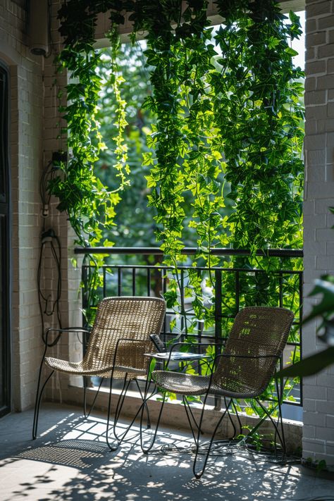 apartment patio with hanging ivy and 2 chairs Apartment Patio Privacy Ideas, Apartment Patio Privacy, Patio Privacy Ideas, Lanai Design, Apartment Porch, Porch Privacy, Hanging Ivy, House Palette, Nosy Neighbors