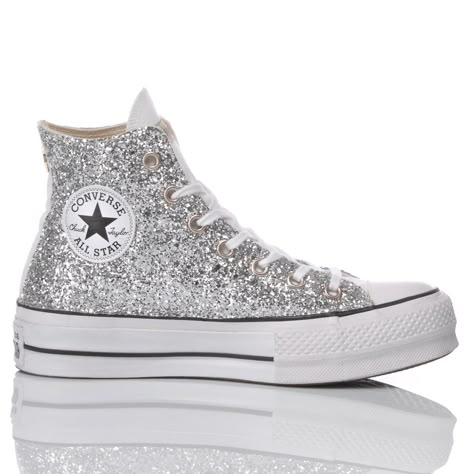 Converse Platform Glitter Silver Converse All Star Platform, Zapatillas All Star, Sparkly Converse, Silver Converse, All Star Platform, Glitter Converse, Converse Platform, Hi Top Sneakers, Adidas Models