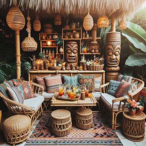 17+ Tiki Bar Decorating Ideas for the Ultimate Tropical Vibe 🌴 Tiki House Decor, Outdoor Tiki Bar Ideas, Backyard Tiki Bar Ideas, Bar Decorating Ideas, Tiki Bar Ideas, Backyard Tiki Bar, Tiki Backyard, Potted Palm Trees, Tiki Garden