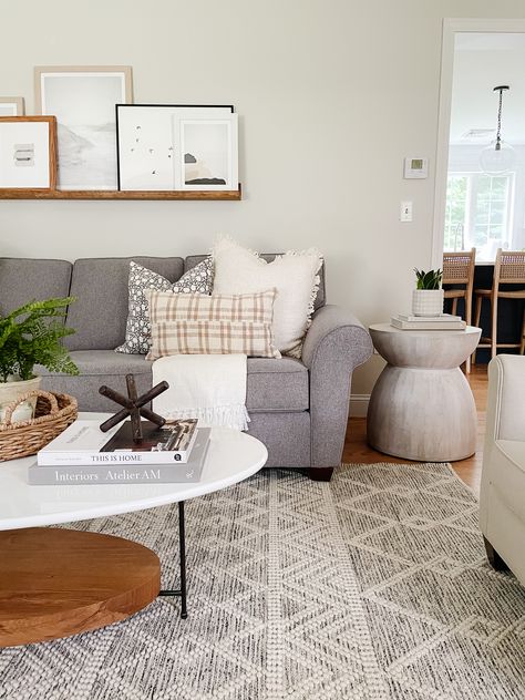 Coastal living room, classic gray walls Rugs With Gray Couch, Living Room Gray Sofa, Greige Living Room, Sofa Shelf, Gray Sofa Living, Cozy Winter Home, Vegas House, Living Room Colour Schemes, Boho Living Room Inspiration