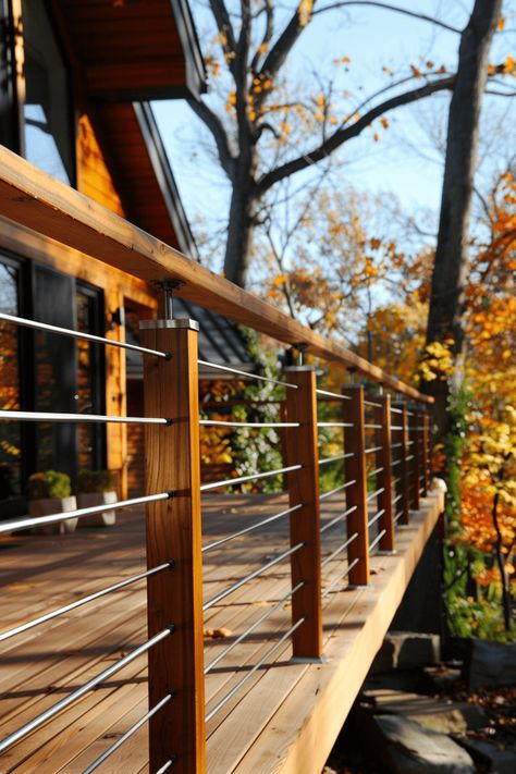 19 Deck Railing Ideas (Types, Questions, Best Materials & Tips) Patio Banister Railing Ideas, Mid Century Modern Deck Railing Ideas, Cottage Decks Ideas, Deck With Railing Ideas, Tension Wire Railing, Railing Ideas For Decks, Small Upper Deck Ideas, Mountain Deck Ideas Outdoor Living, Lakehouse Deck Ideas