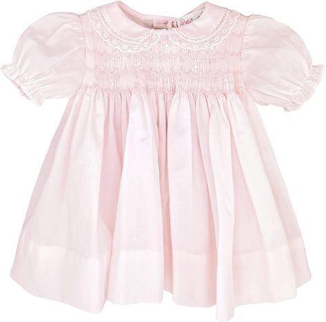 Petit Ami Baby Girls' Fully Smocked Dress with Lace Trim Pink Clothing, Dress With Lace Trim, Hospital Outfit, Smocked Dress, Dress With Lace, Classic Outfits, Baby Size, Embroidered Flowers, Perfect Outfit