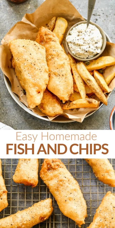 This easy Fish and Chips recipe is perfectly crispy on the outside and tender and flakey on the inside. It's definitely a crowd pleaser. via @betrfromscratch Fish And Chips Recipe Baked, Mahi Mahi Fish And Chips, Easy Fish And Chips Recipe, Fresh Fries, Homemade Fish And Chips, Fish And Chips Recipe, Chips Recipes, Traditional Fish And Chips, Frozen Tilapia