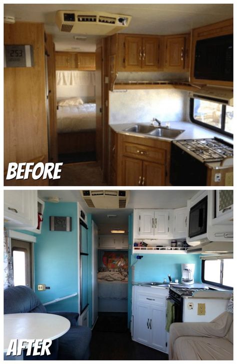 RVObsession.com - RV Renovations | Motorhome Renovations - Heath and Alyssa's first RV was a 1994 Class C Motorhome that they named Franklin. Prior to setting out on a 50 state tour for their honeymoon, they gave Franklin a bit of a facelift. Class C Rv Remodel, Motorhome Renovation, Motorhome Remodel, Dream Camper, Motorhome Interior, Camper Interior Design, Bus Living, Diy Camper Remodel, Class C Rv