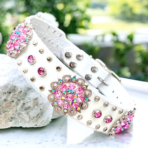 SWAVORSKI BLING DOG COLLARS | Karma Collars: Leather Dog Collars Diy Bling Dog Collar, Poodle Collar, Western Leather Dog Collar, Collar Ideas, Bling Dog Collars, Leather Dog Collar Custom, Dog Bling, Crystal Dog, Leather Dog Leash