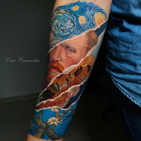 Vincent Van Gogh Tattoo, Starry Night Tattoo, Van Gogh Tattoo, Geometric Tattoo Sleeve Designs, Berlin Tattoo, Night Tattoo, Hyper Realistic Tattoo, La Tattoo, Nyc Tattoo