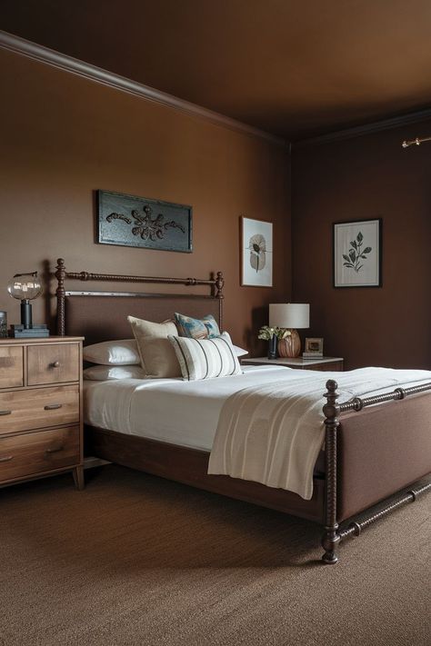 A simple brown bedroom with a cozy brown carpet, wooden furniture, and white bedding. Brown Carpet Bedroom, Sitting Room Design Ideas, Brown Bed Frame, Brown Bedroom Ideas, Sitting Room Design, Farmhouse Vibes, Brown Bed, Brown Carpet, Wooden Dresser