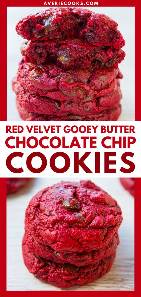 Chocolate Chip Red Velvet Cake Mix Cookes - Averie Cooks Red Velvet Cake Cookies, Red Velvet Chocolate Chip Cookies, Red Velvet Cake Mix Cookies, Xmas Cookies Recipes, Red Desserts, Gooey Butter Cookies, Velvet Cookies, Red Velvet Cake Mix, Red Velvet Cookies