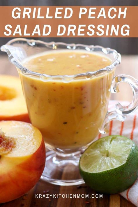 Grilled Peach Salad Dressing is sweet and tangy. It's made with orange juice, lime juice, honey, and of course grilled peaches. Peach Salad Dressing, E2m Recipes, Fruit Dressing, Spinach Salad With Chicken, Grilled Peach Salad, Dressing Salad, Peach Jelly, Side Salads, Salad Dressing Recipe