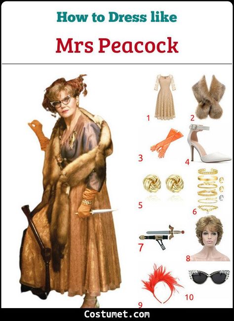 Clue Game Characters Costume Ideas, Miss Peach Costume Clue, Mrs Peacock Clue Costume Ideas, Clue Movie Costumes, Clue Mrs Peacock, Yvette Costume Clue, Ms Peacock Costume Clue, Miss Peacock Costume Clue, Ms Scarlett Clue